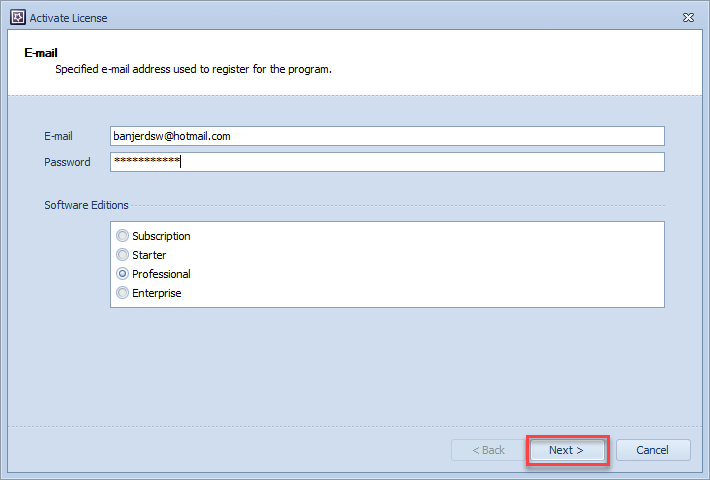 ระบุ E-mail, Password และรุ่นของซอฟต์แวร์ ที่ได้รับจากผู้จำหน่าย แล้วคลิกที่ปุ่ม Next