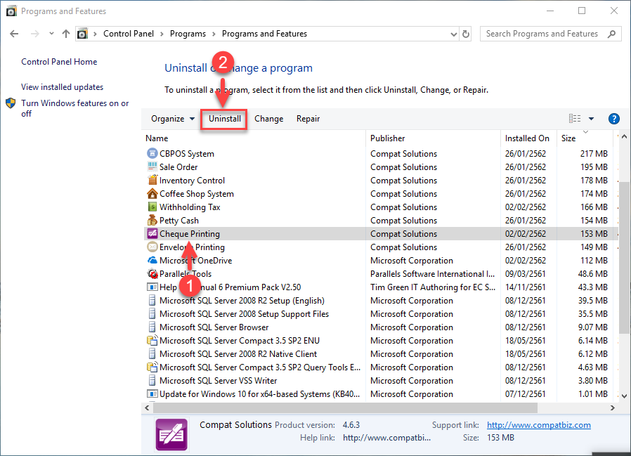 เลือก Cheque Printing แล้วคลิกที่ Uninstall