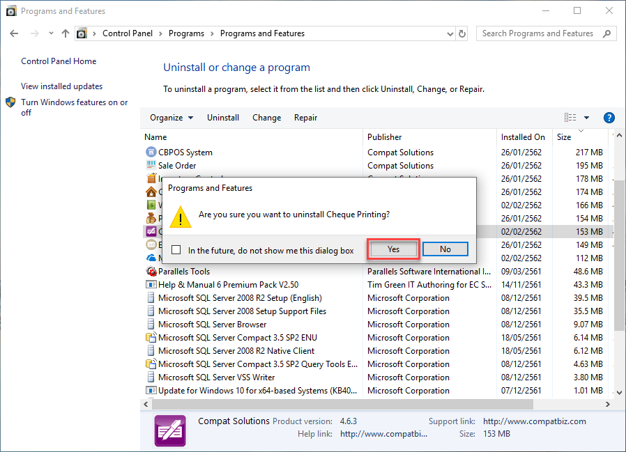 คลิกที่ Yes เพื่อทำการ Uninstall